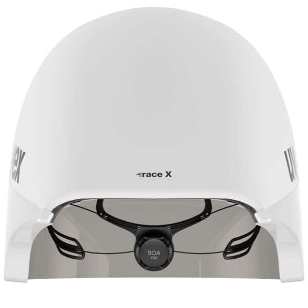 Rear view of the uvex Ultimate Race X road helmet with the BOA FS2 fit dial and lace guides