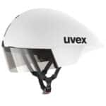 uvex Ultimate Race X aero road helmet in white matt, side profile with the magnetic visor in the closed position