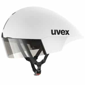 uvex Ultimate Race X aero road helmet in white matt, side profile with the magnetic visor in the closed position