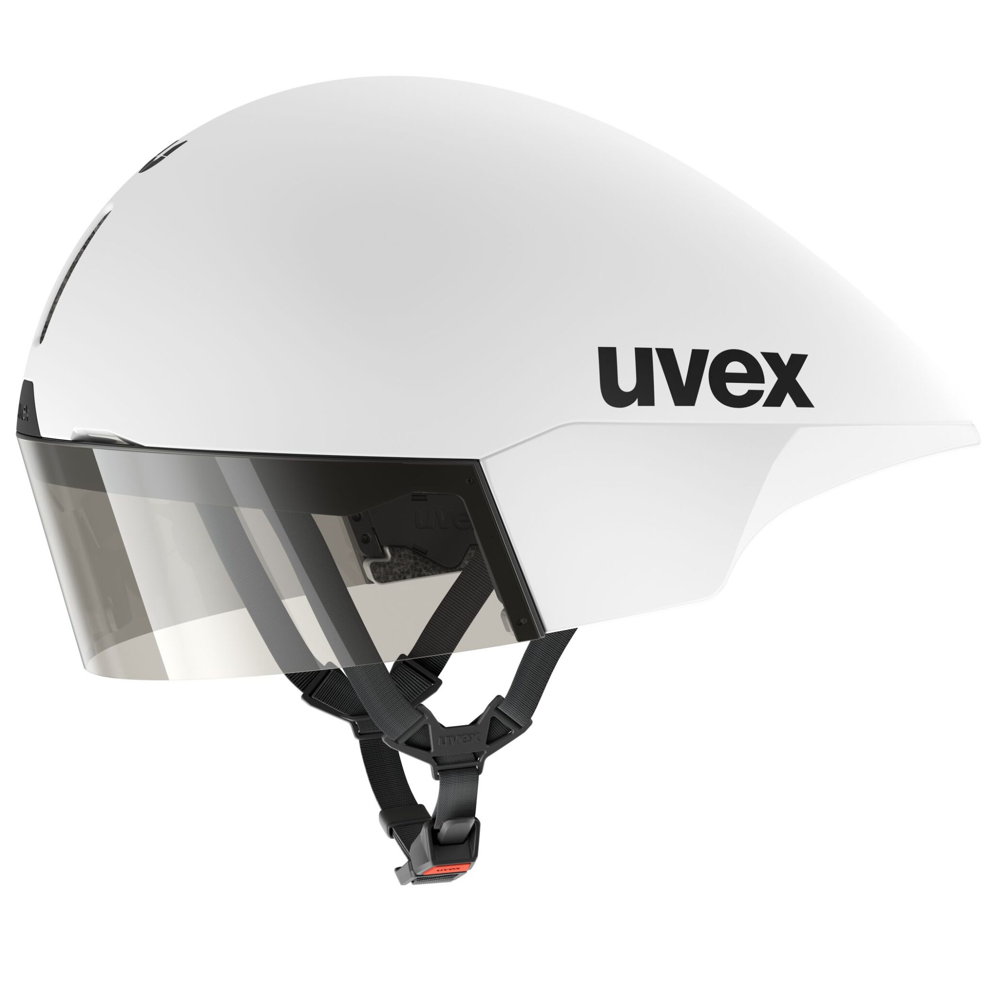 uvex Ultimate Race X aero road helmet in white matt, side profile with the magnetic visor in the closed position