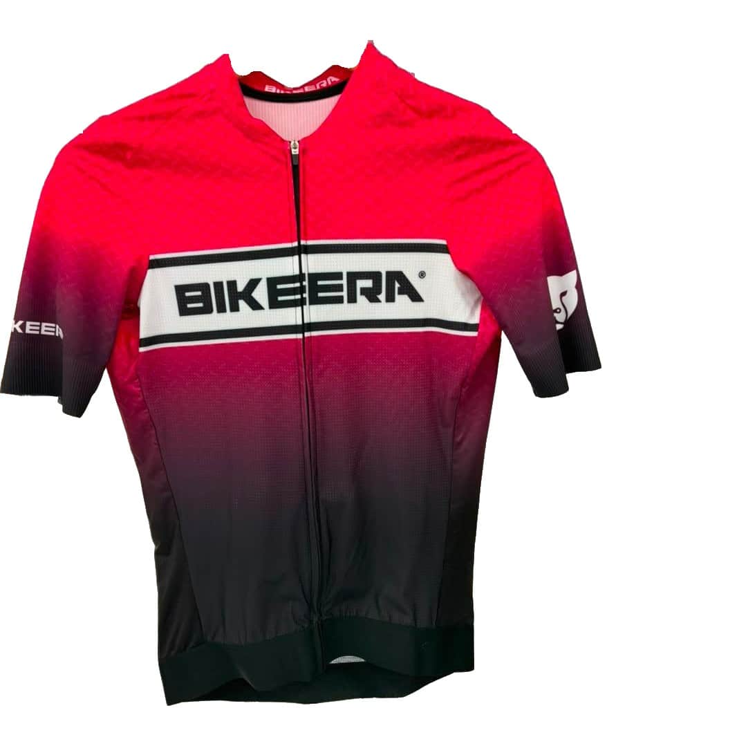 Bikeera Women’s Pro Jersey Seamless Power Band in Pink/Black, front view with full-length zip
