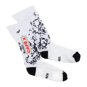 Café du Cycliste Aero Socks Pain, white with black bread print and CAFÉ X PAIN logo
