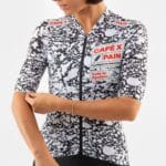 Close-up of the Angeline Pain jersey sleeve and front zip