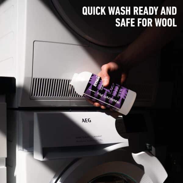 Pouring Dynamic Washcraft Pro into the detergent drawer: quick-wash ready and safe for wool
