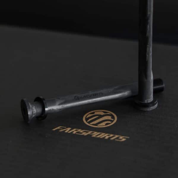 Close-up of the Farsports carbon thru axles and their replaceable threaded ends