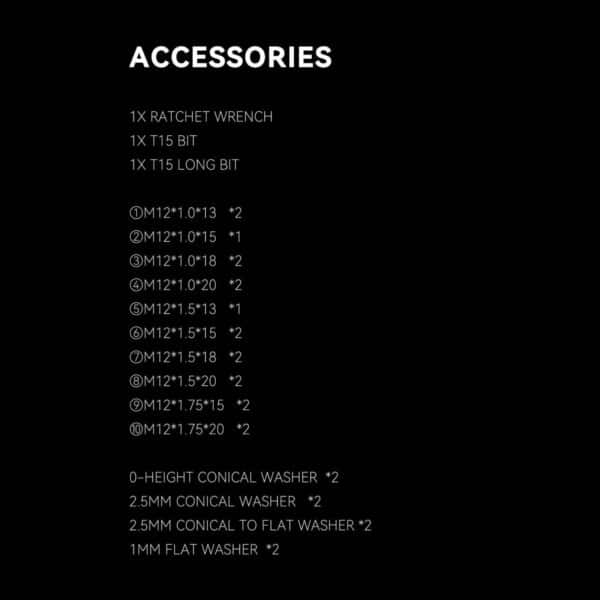 Farsports thru axle kit contents: ratchet wrench, two T15 bits, ten M12 threaded end sizes and four washer types