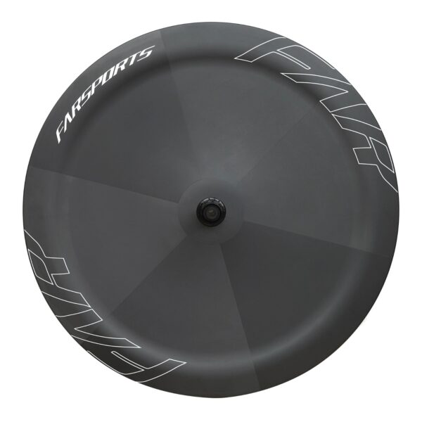 Reverse side of the Farsports UFO full disc carbon rear wheel with FAR and Farsports graphics