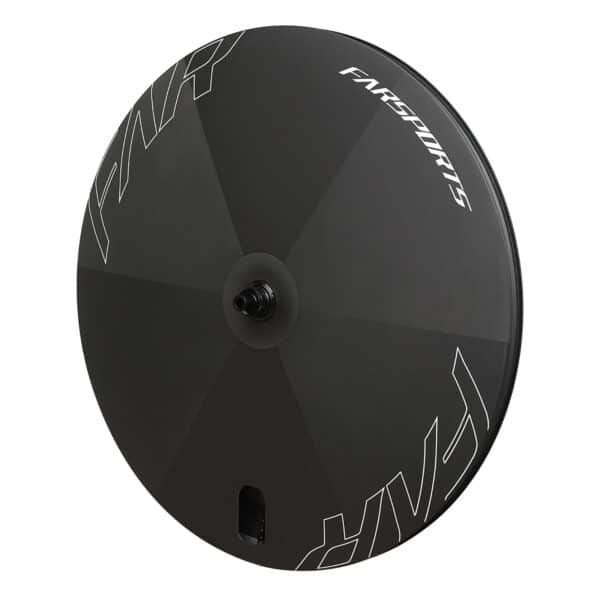Farsports UFO full disc carbon rear wheel, three-quarter view showing the faceted disc surface and valve access hole