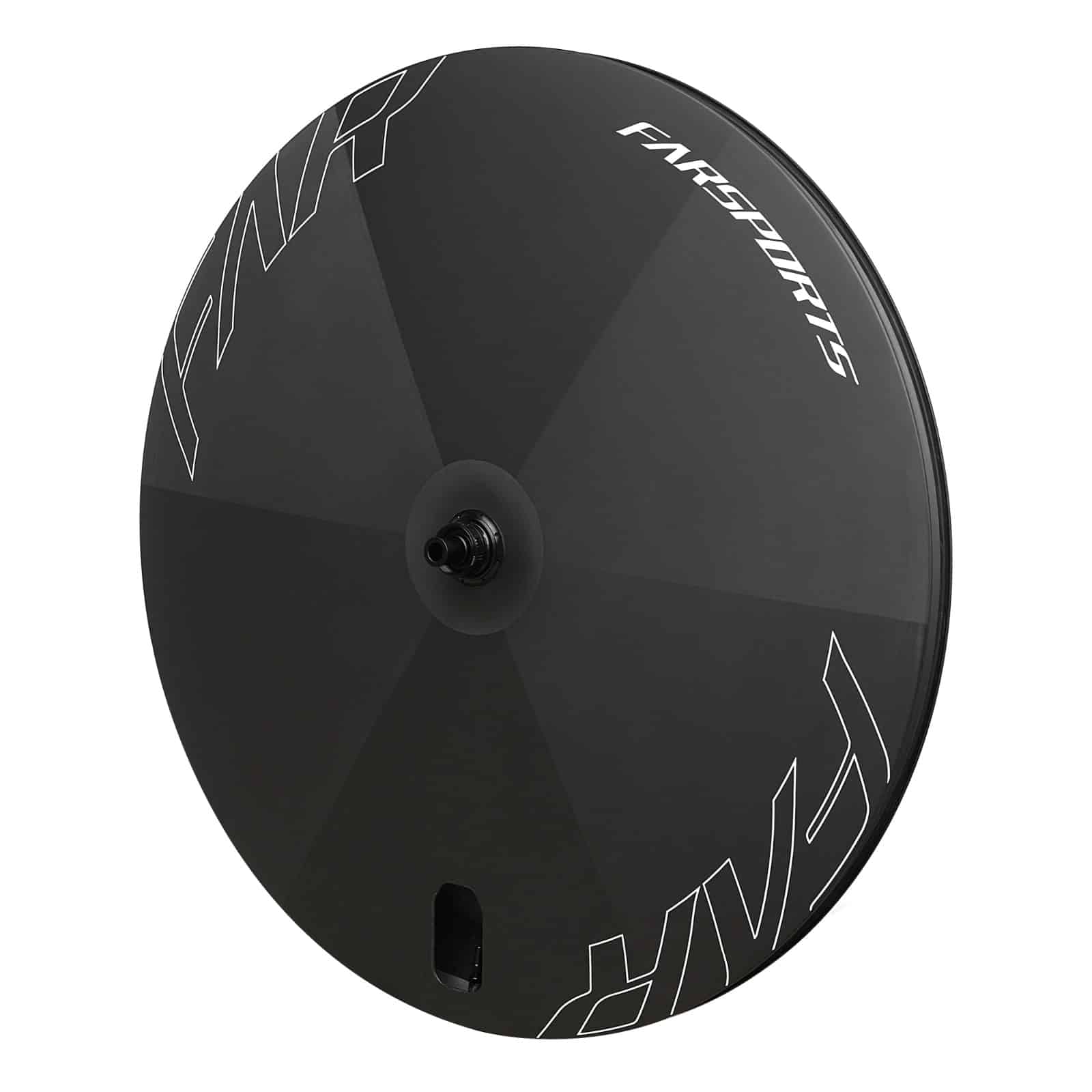 Farsports UFO full disc carbon rear wheel, three-quarter view showing the faceted disc surface and valve access hole