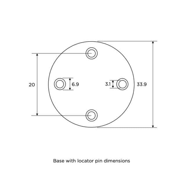 FastTT drawing of the computer tower base with locator pin dimensions (20, 33.9, 6.9 and 3.1) for checking bracket fit