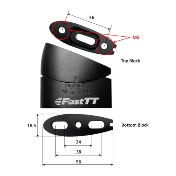 FastTT standard angled riser dimension drawing: M5 top block holes 36 mm apart, bottom block 56 x 18.5 mm with slots for 24 to 38 mm bolt spacing