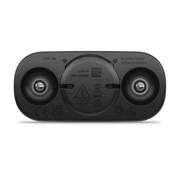 Back of the Garmin HRM 200 module with the snap connectors and the quarter-turn CR2032 battery door
