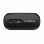 Front of the Garmin HRM 200 module showing the button and the green status LED
