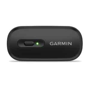 Front of the Garmin HRM 200 module showing the button and the green status LED