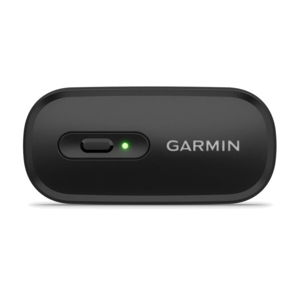 Front of the Garmin HRM 200 module showing the button and the green status LED