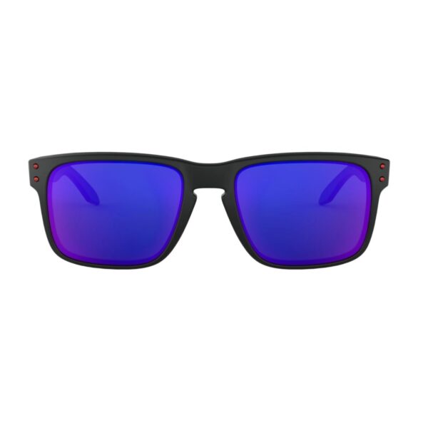 Front view of the Oakley Holbrook OO9102-36 showing the square matte black frame and red iridium lenses