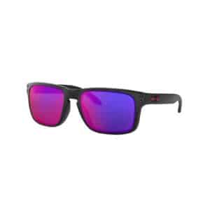 Oakley Holbrook sunglasses OO9102-36 with matte black frame and Positive Red Iridium lenses, three-quarter view