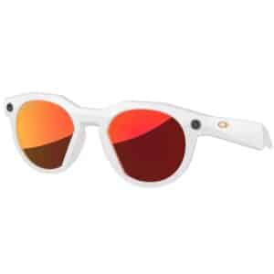 Oakley Meta HSTN AI glasses, Warm Grey frame with Prizm Ruby lenses, three-quarter view