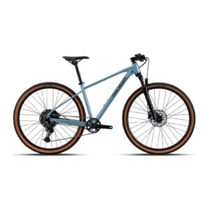 Polygon Heist 5 700c hybrid bike in Blue with SR Suntour suspension fork, drive-side view