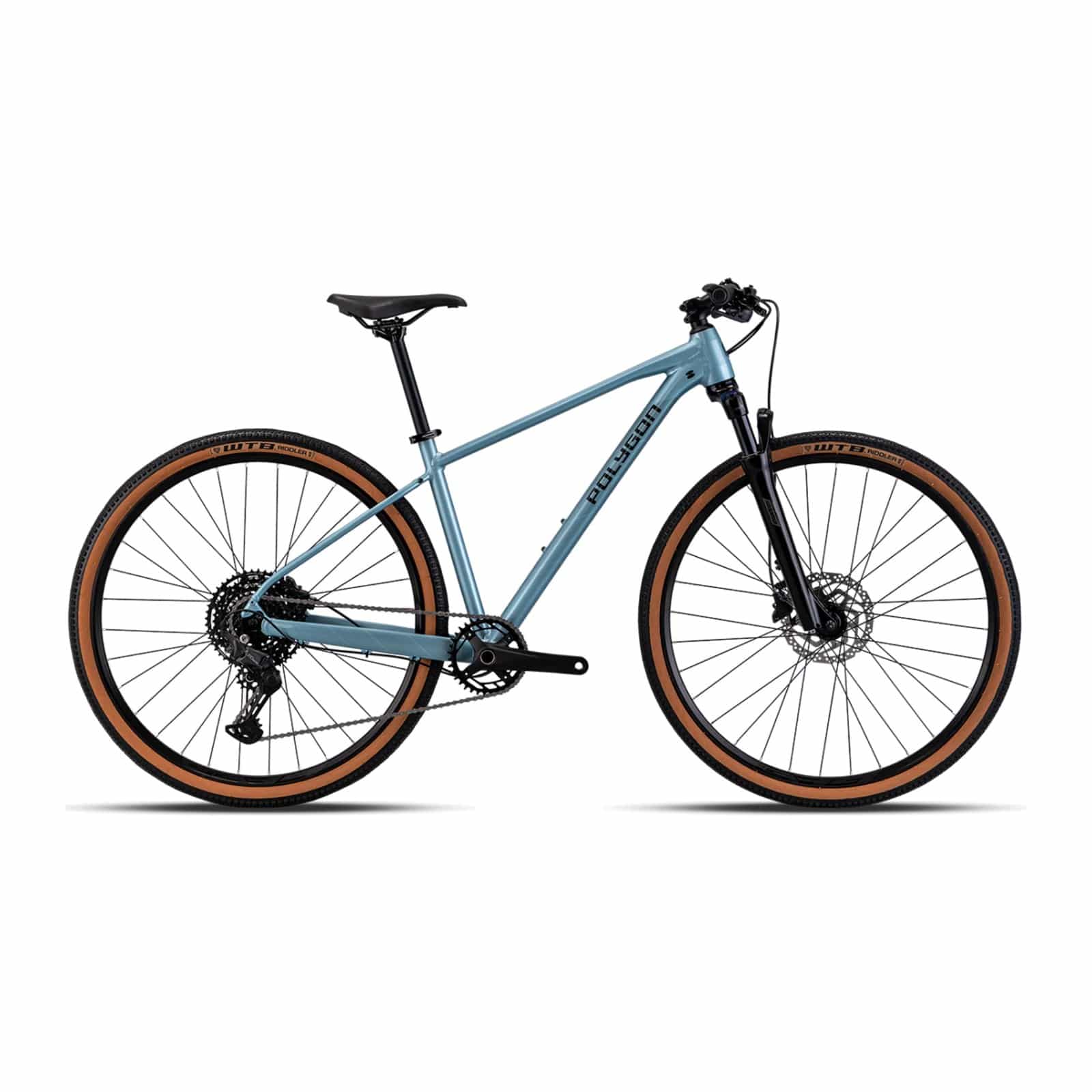 Polygon Heist 5 700c hybrid bike in Blue with SR Suntour suspension fork, drive-side view