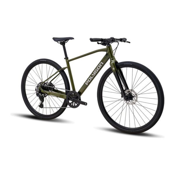 Polygon Path 3 city bike in green, front three-quarter view