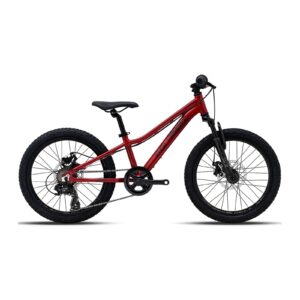 Polygon Relic 20 kids mountain bike in Dark Red with 20-inch wheels and suspension fork, drive-side view