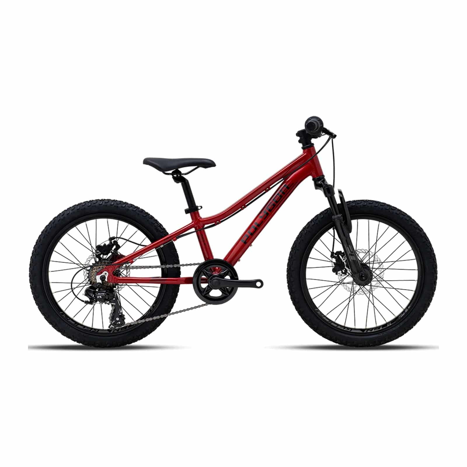 Polygon Relic 20 kids mountain bike in Dark Red with 20-inch wheels and suspension fork, drive-side view