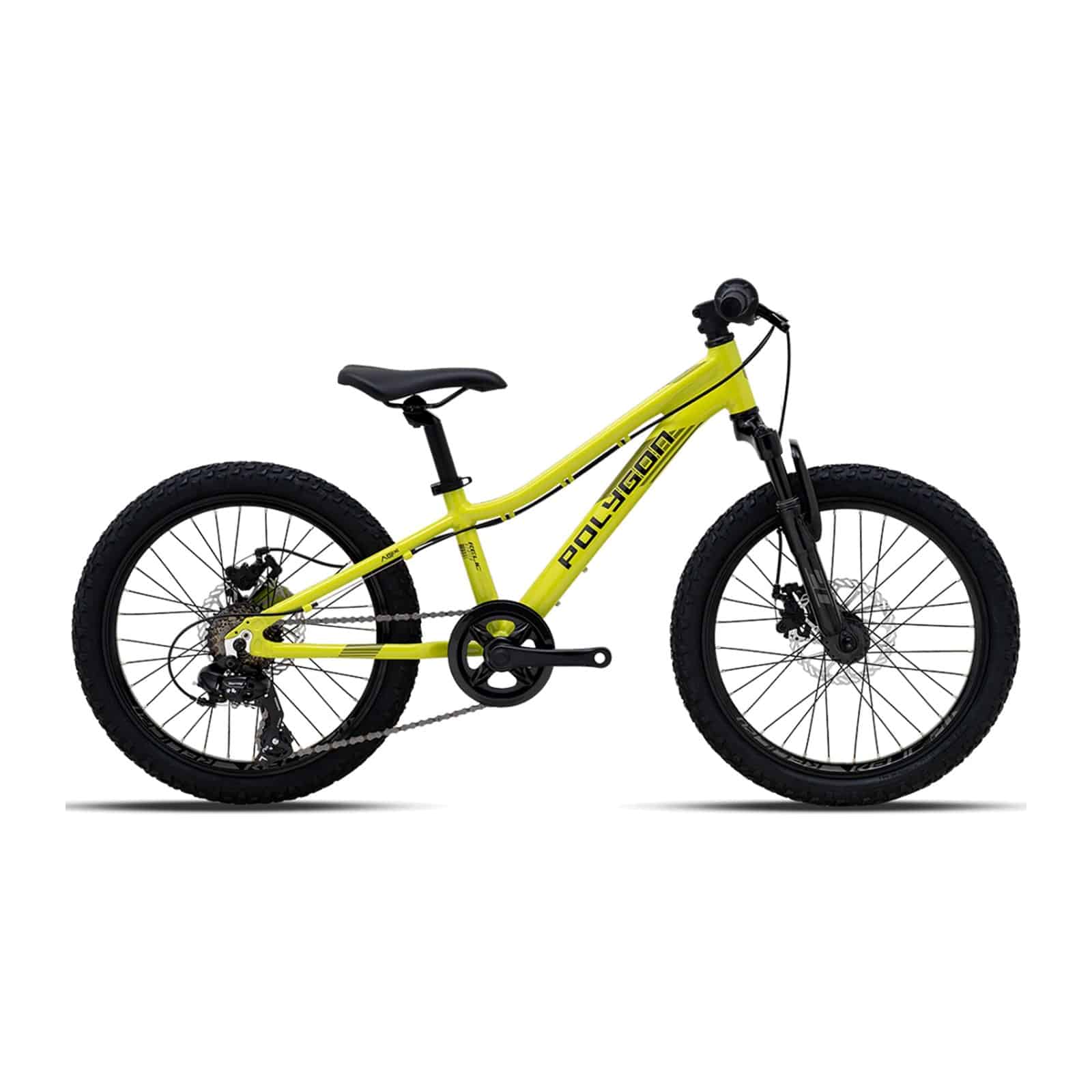 Polygon Relic 20 kids mountain bike in Lime Green with 20-inch wheels and suspension fork, drive-side view