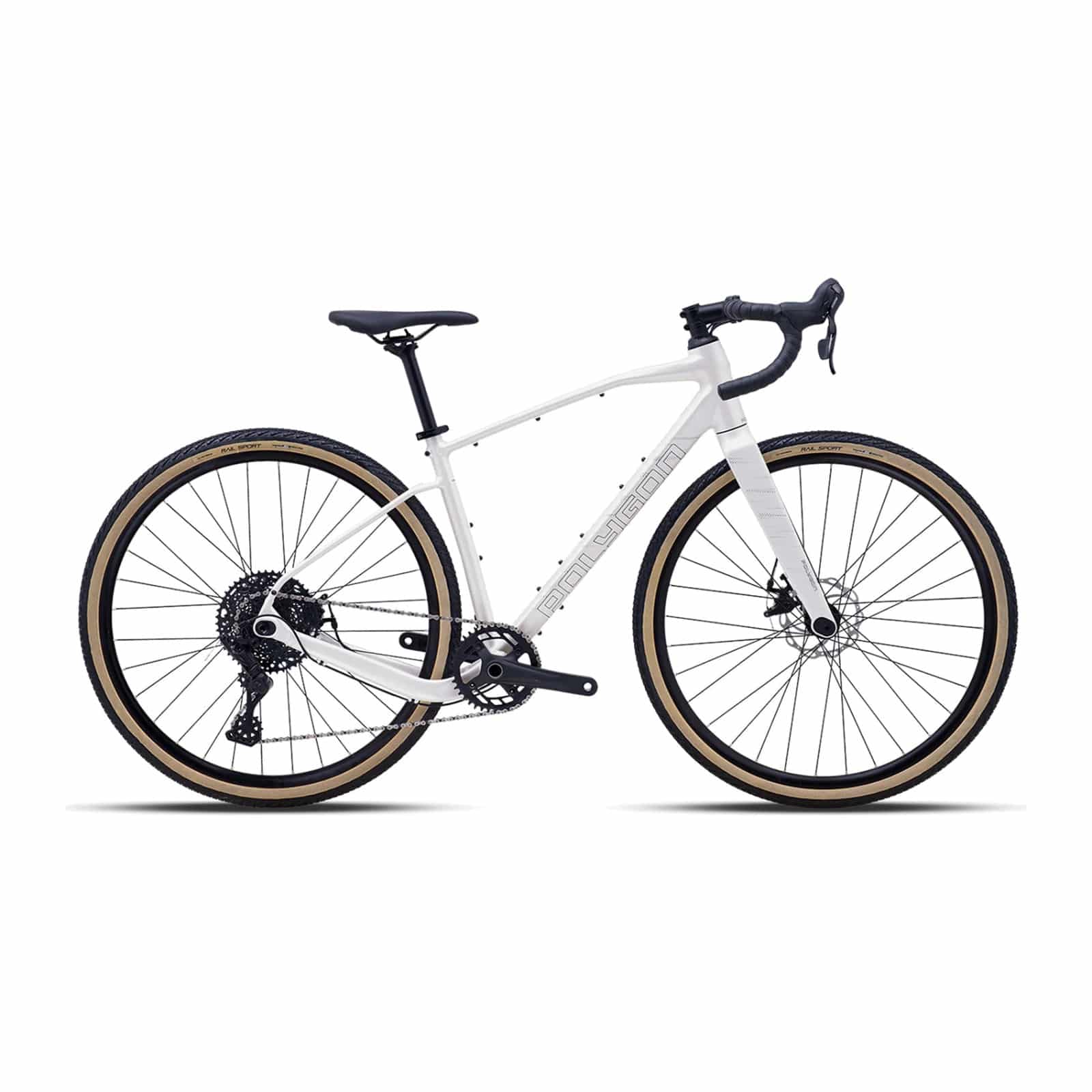 Polygon Tambora G4 gravel bike – White Polygon Tambora G4 700c aluminium gravel bike in White with carbon fork, drive-side view (model photo)