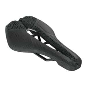 PRO Stealth 3D Performance road saddle with 3D-printed padding and stainless rails, three-quarter view