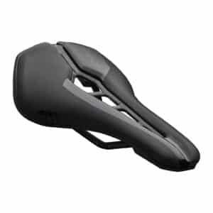 PRO Stealth Curved Team carbon-rail road saddle with rounded rear, three-quarter view