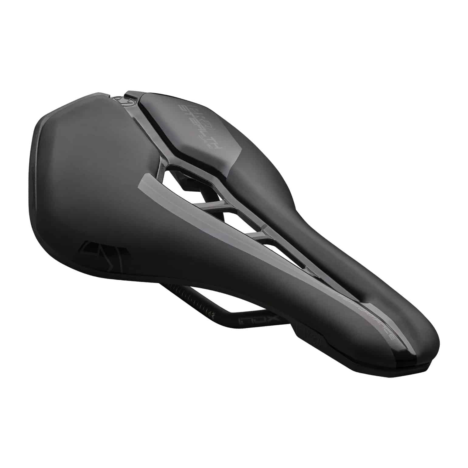 PRO Stealth Curved Team Saddle – Angle PRO Stealth Curved Team carbon-rail road saddle with rounded rear, three-quarter view