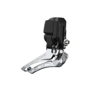 Shimano 105 Di2 FD-R7150 front derailleur, three-quarter view of the motor unit and chain cage