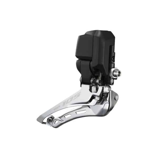 Shimano 105 Di2 FD-R7150 front derailleur, three-quarter view of the motor unit and chain cage