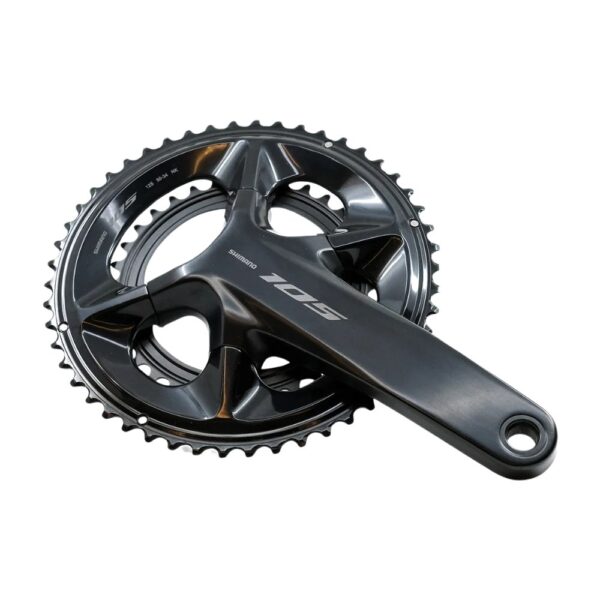 Shimano 105 FC-R7100 crankset three-quarter view, hollow aluminium crank arm with 105 logo