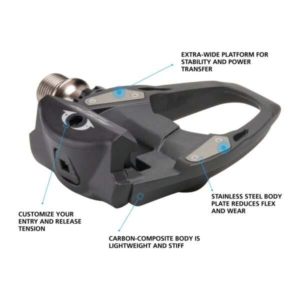 Shimano PD-R7000 features: extra-wide platform, stainless steel body plate, carbon-composite body, adjustable entry and release tension
