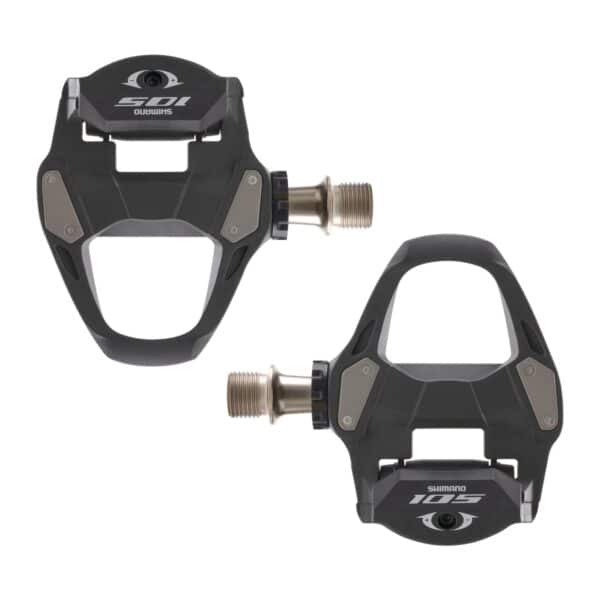 Shimano 105 PD-R7000 pedals from above, showing the wide platform and stainless steel body plate