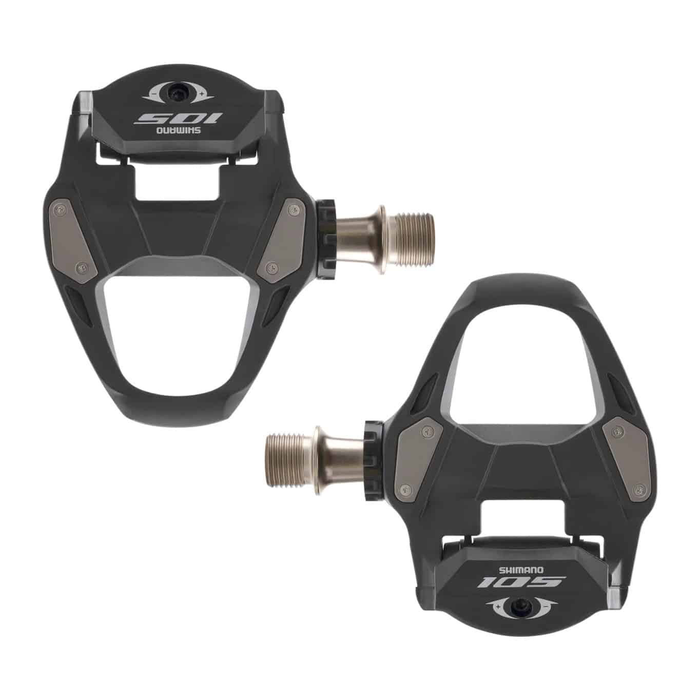 Shimano 105 PD-R7000 pedals from above, showing the wide platform and stainless steel body plate