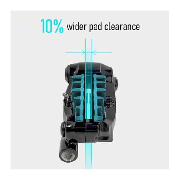 Shimano BR-R7170 caliper diagram showing 10 percent wider pad clearance