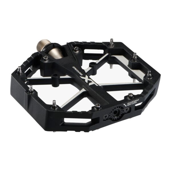 Shimano Deore XT PD-M8240 flat pedal showing the wide dual-concave platform and pins