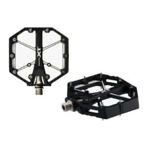 Pair of Shimano Deore XT PD-M8240 flat pedals, black, three-quarter view