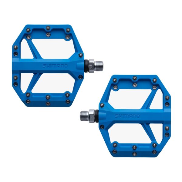 Shimano PD-GR400 blue flat pedals from above, nine pins per side