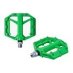 Pair of Shimano PD-GR400 flat pedals in green, three-quarter view