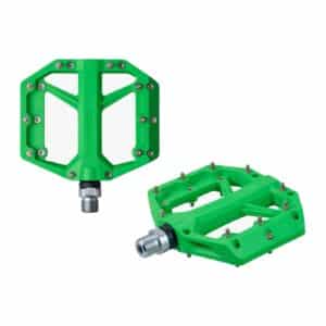 Pair of Shimano PD-GR400 flat pedals in green, three-quarter view