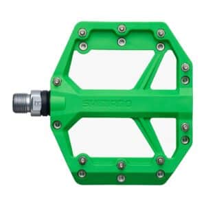 Shimano PD-GR400 green flat pedal from above, nine removable pins