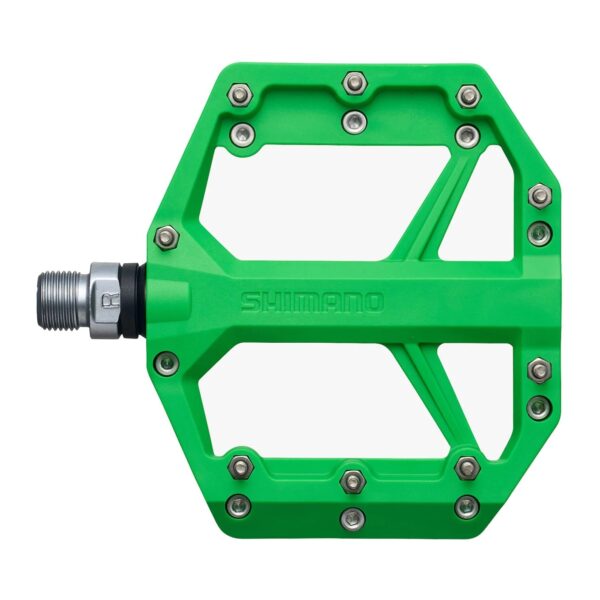 Shimano PD-GR400 green flat pedal from above, nine removable pins