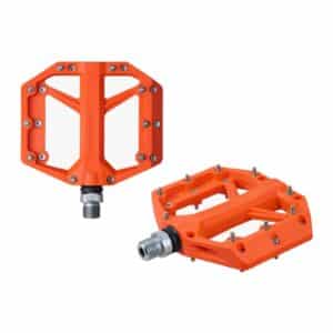 Pair of Shimano PD-GR400 flat pedals in orange, three-quarter view