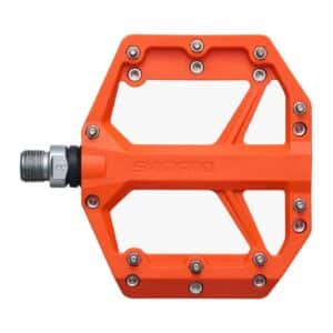 Shimano PD-GR400 orange flat pedal from above, nine removable pins