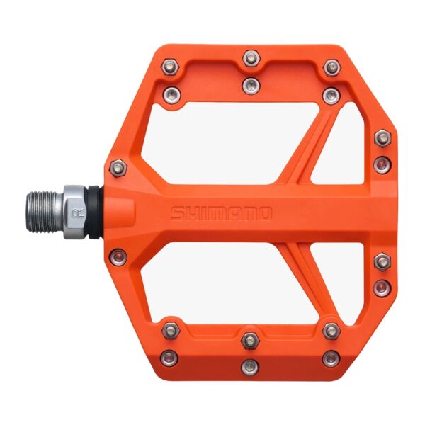 Shimano PD-GR400 orange flat pedal from above, nine removable pins