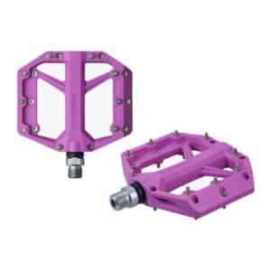 Pair of Shimano PD-GR400 flat pedals in purple, three-quarter view